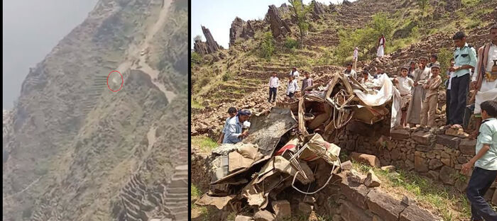 شاهد لحظة سقوط مركبة من جبل شاهق في اليمن